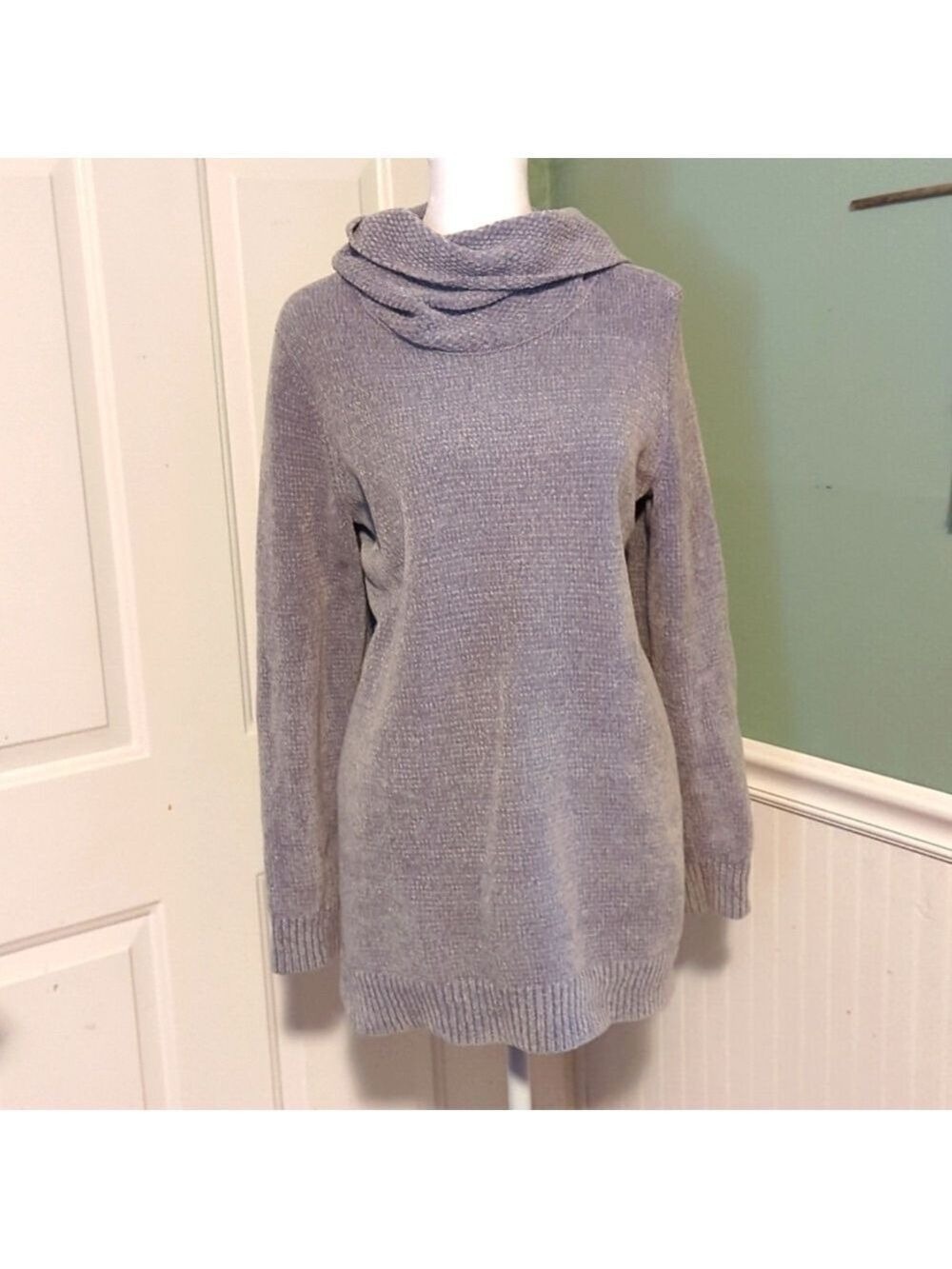 Lands End Gray Chenille Cowl Neck Sweater Large 10 12